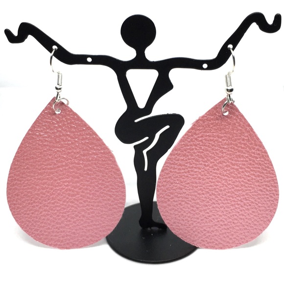 Mauve Teardrop Dangle Drop Vegan Leather Earrings - Picture 3 of 3